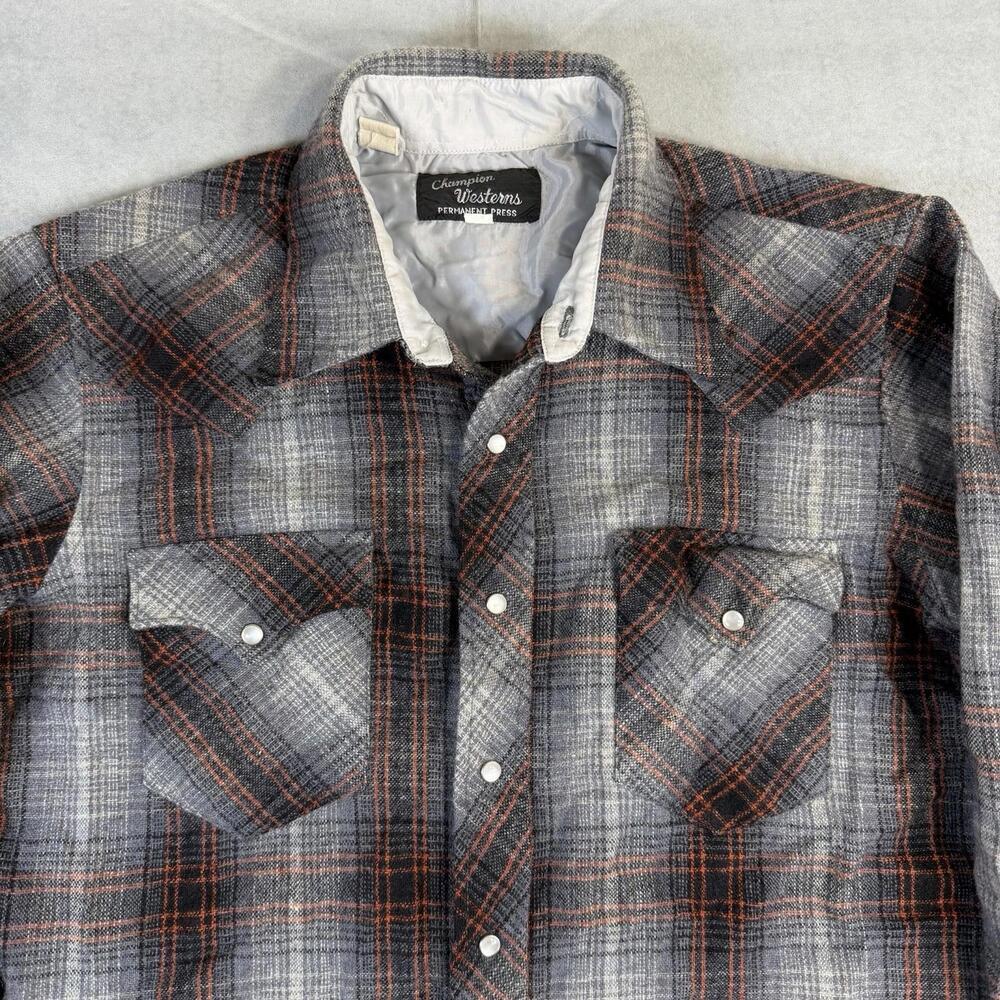 Vintage Champion Western Shirt Mens 16-34 Gray Plaid Pearl Snap Wool Cowboy 70s - Picture 2 of 6